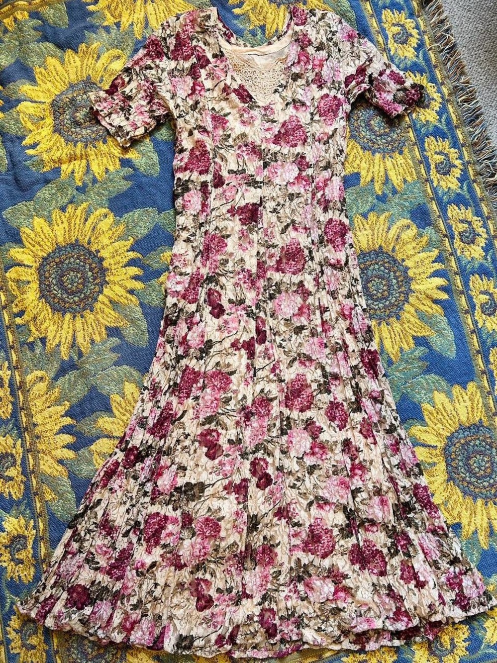 Floral Pink & Cream Maxi Dress with Lace Trim